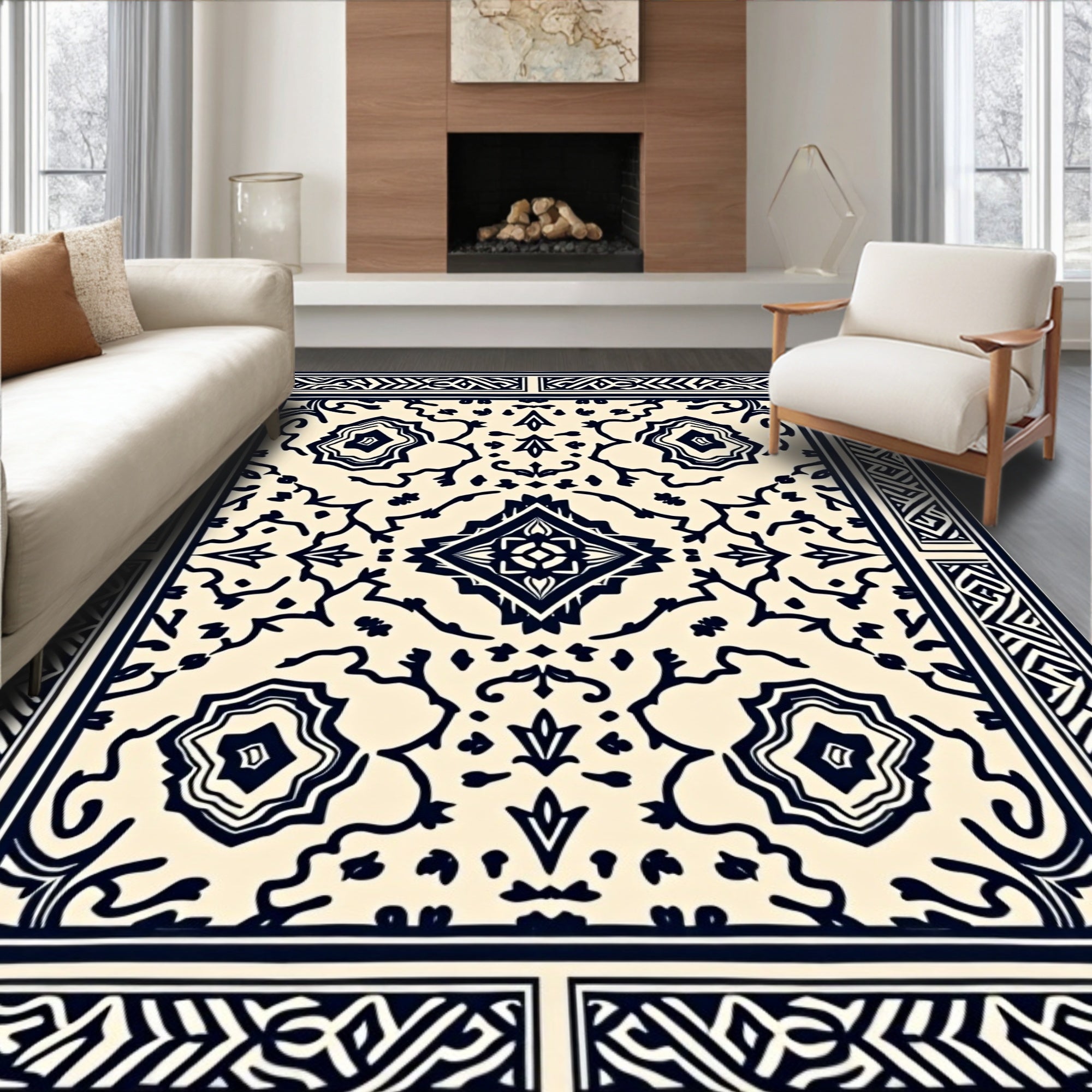 Cream and Navy Traditional Medallion Rectangular Rug