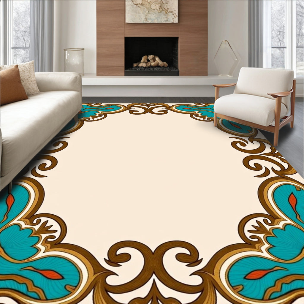 Ornate Teal and Orange Swirl Frame Rug