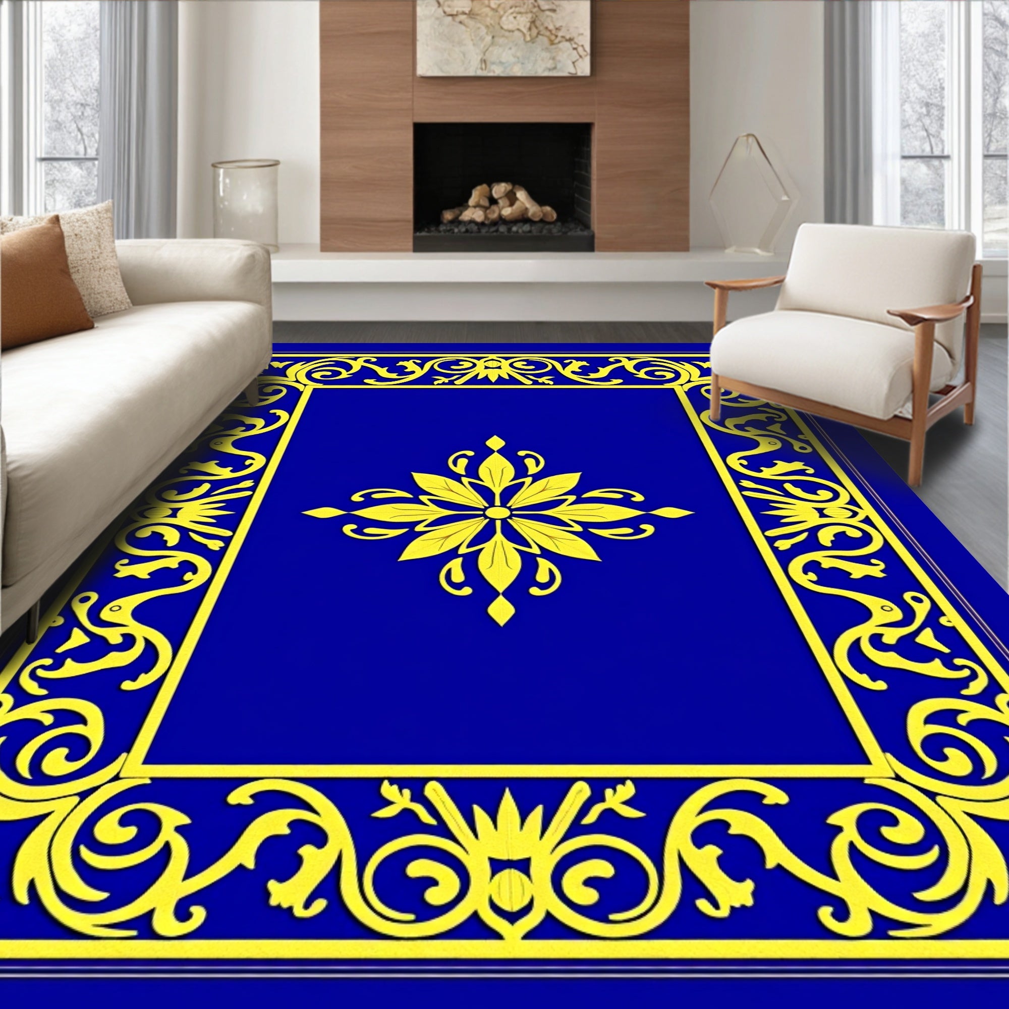 Bold Royal Blue Golden Floral Rug