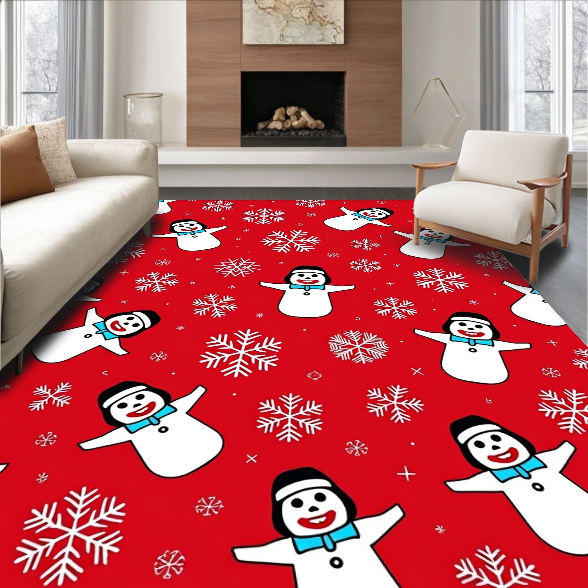 Joyful Snowman Red Snowflake Scatter Rug