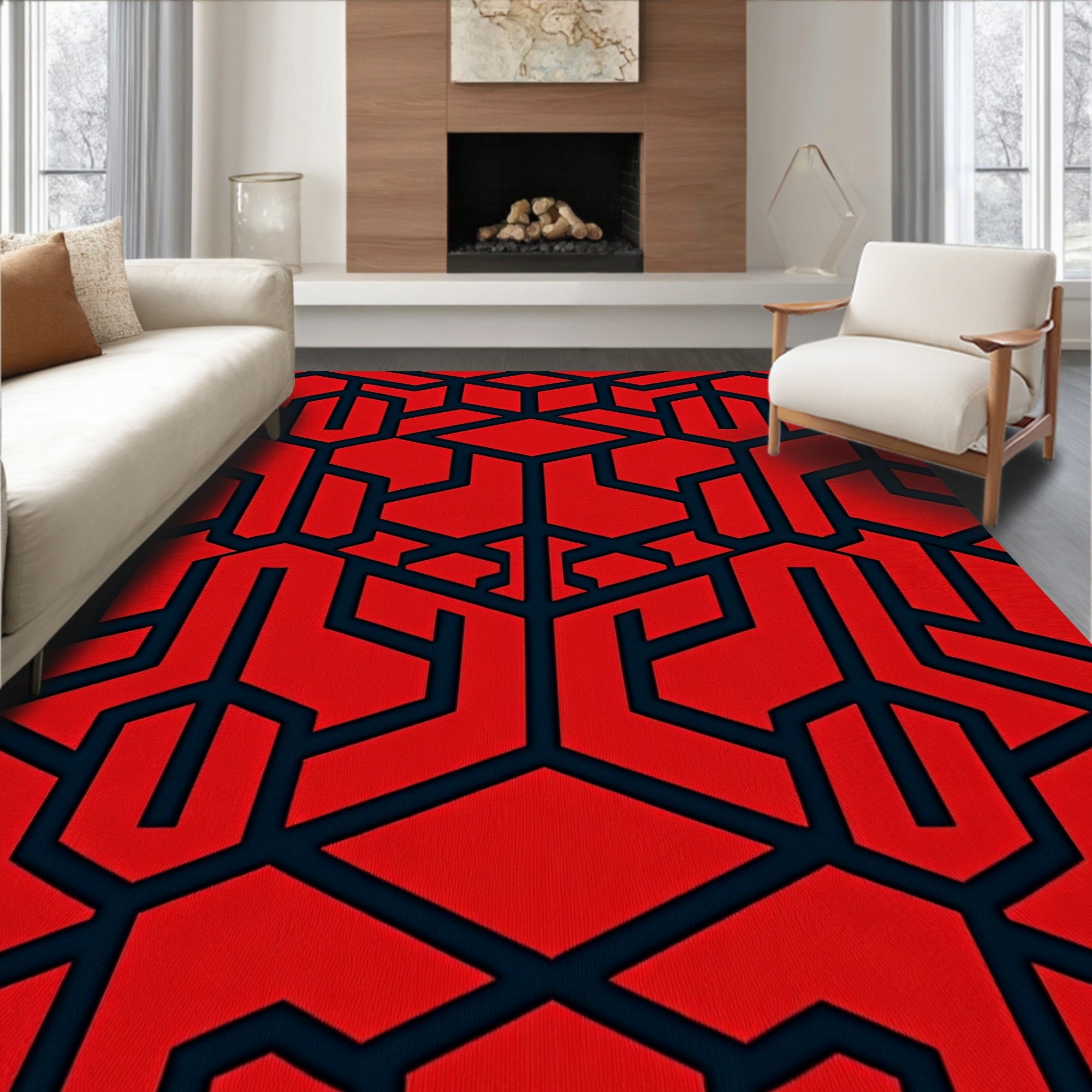 Bold Red Geometric Interlocking Shapes Rug