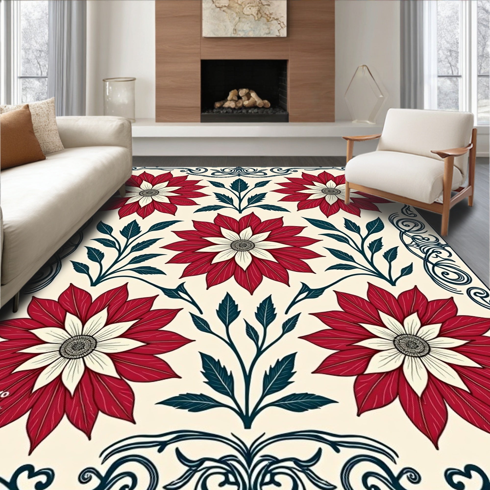 Crimson White Floral Art Nouveau Rug