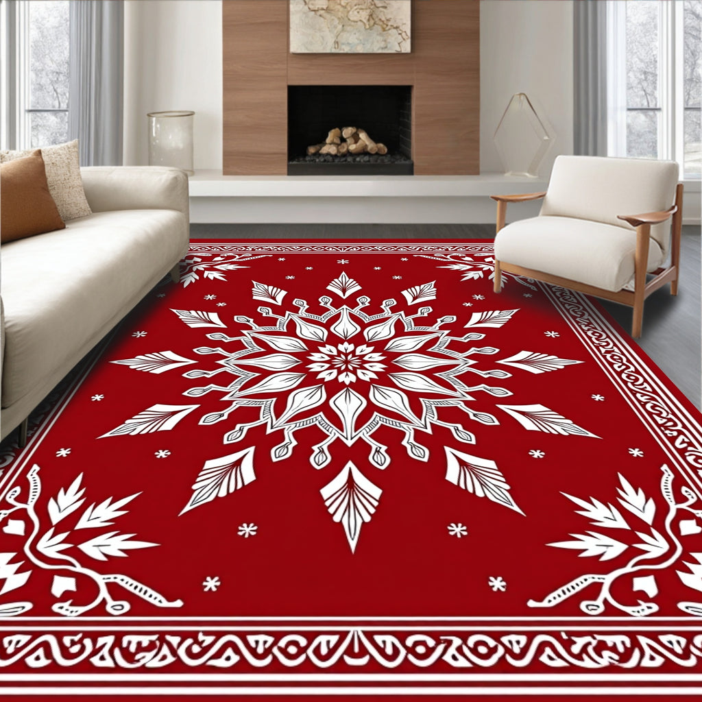 Crimson Snow Flake Mandala Border Rug