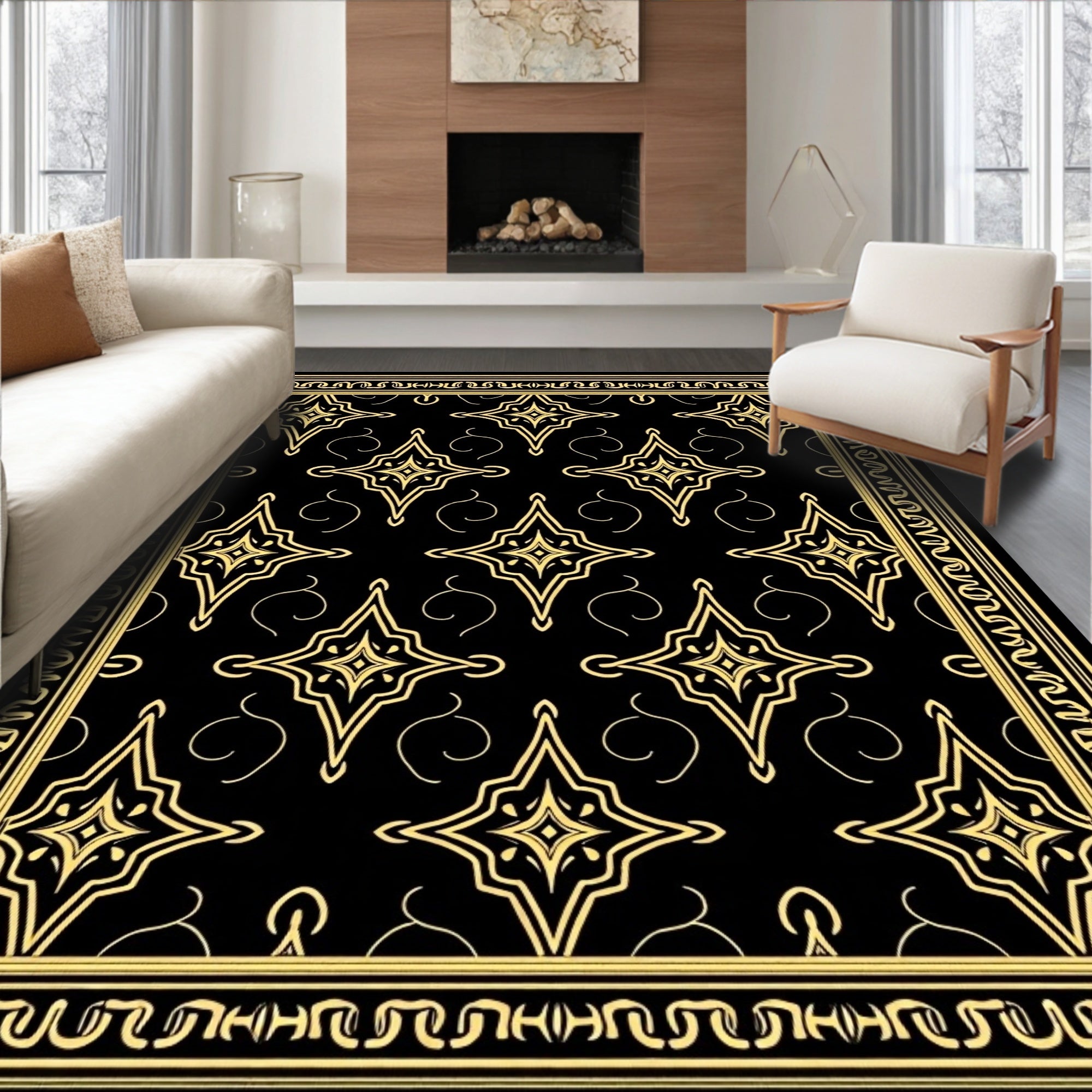 Gold Starburst Black Border Rug