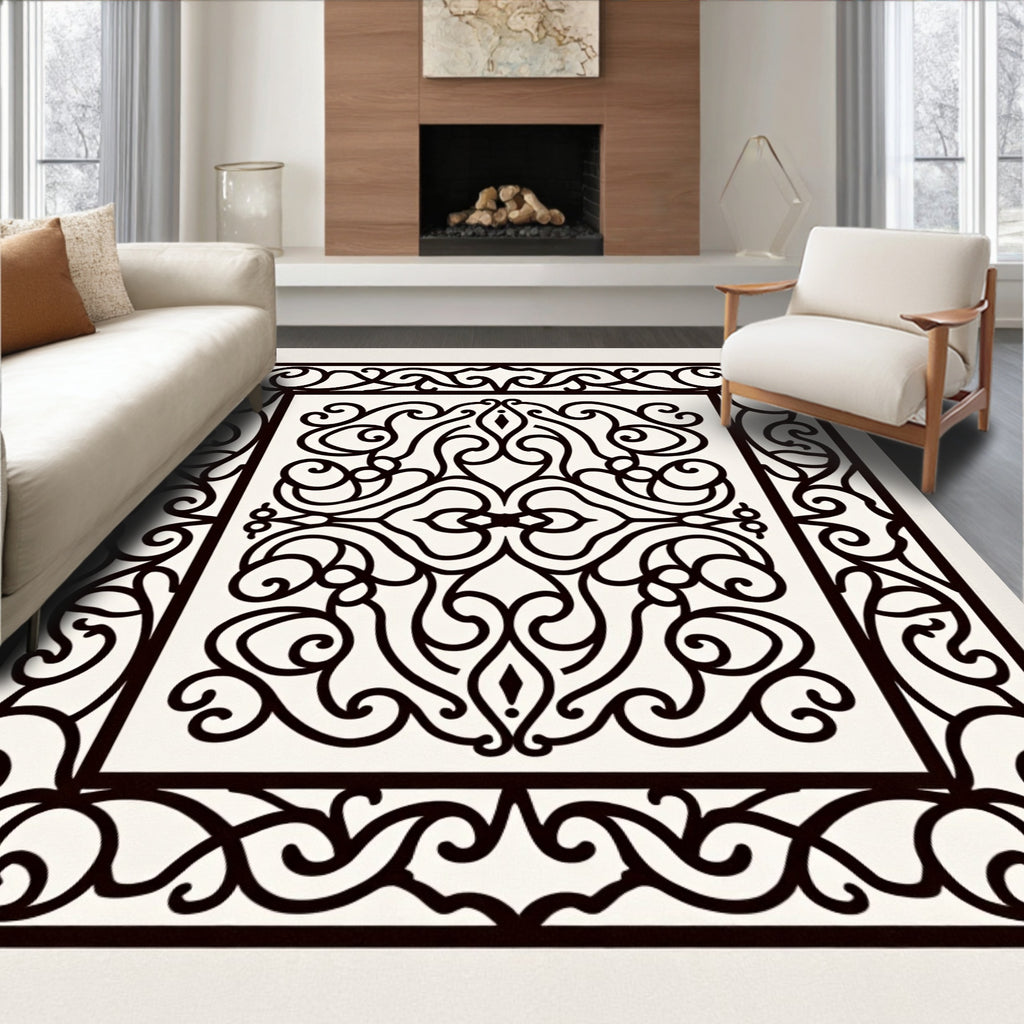 Black Scrollwork Medallion Border Rug
