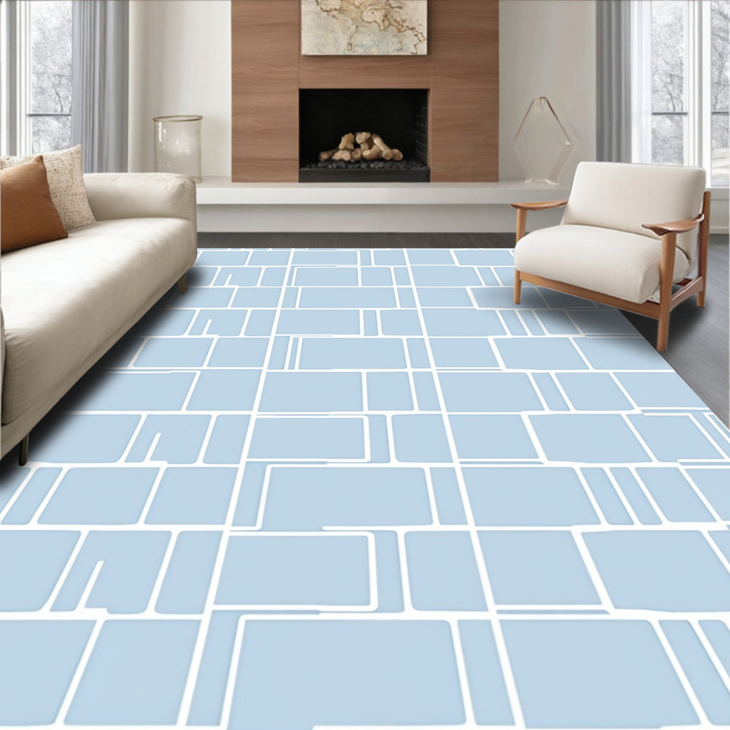 Soft Blue Geometric Brick Layout Rug
