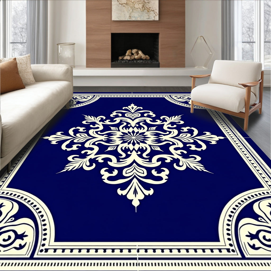 Deep Blue Cream Medallion Border Rug