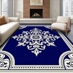 Deep Blue Cream Medallion Border Rug