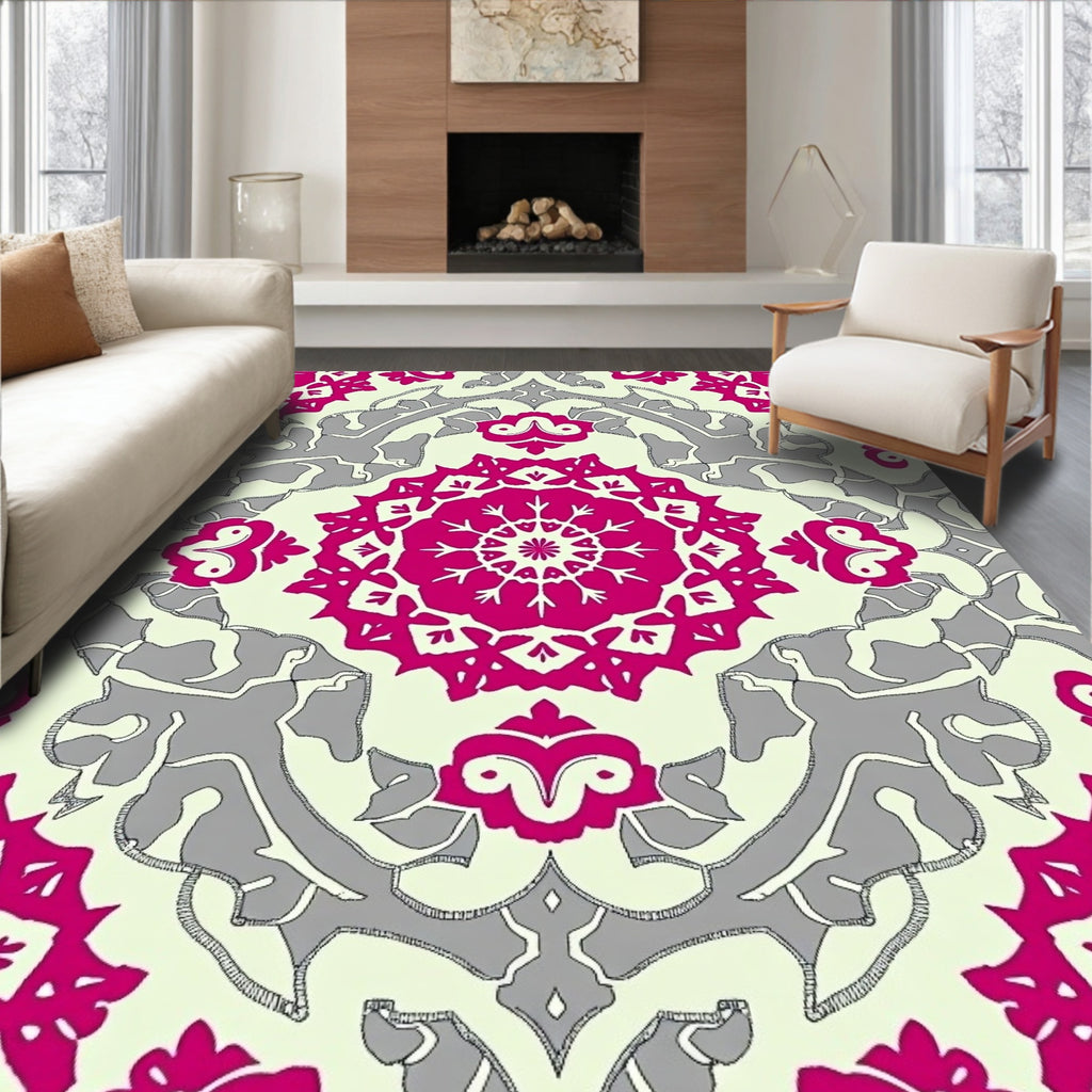 Fuchsia Gray Mandala Medallion Rug
