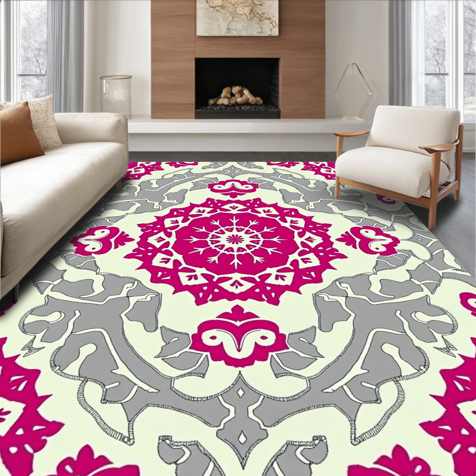 Fuchsia Gray Mandala Medallion Rug