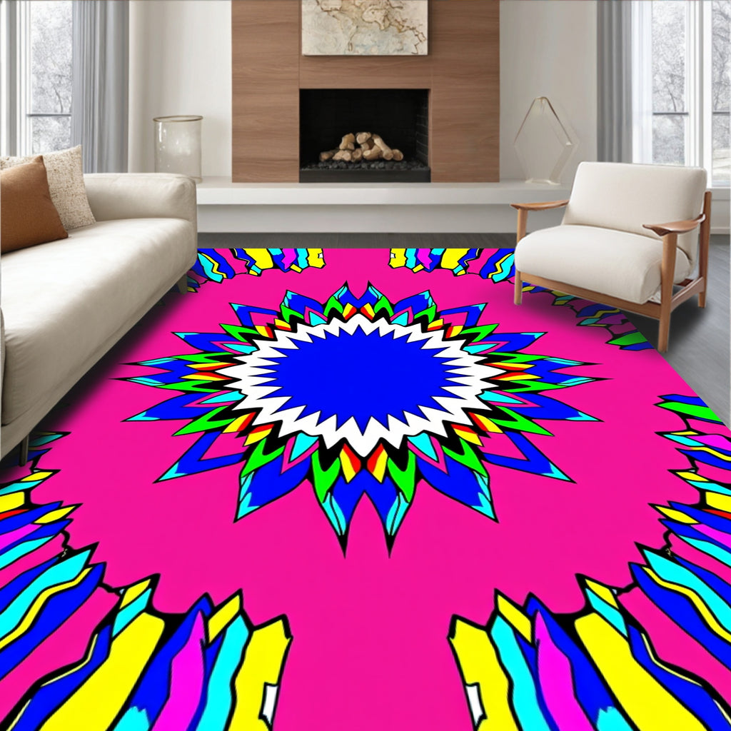 Radiant Pink Starburst with Multi-color Rays Rug