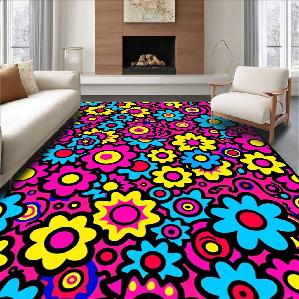 Retro Floral Explosion Bright Colors Rug