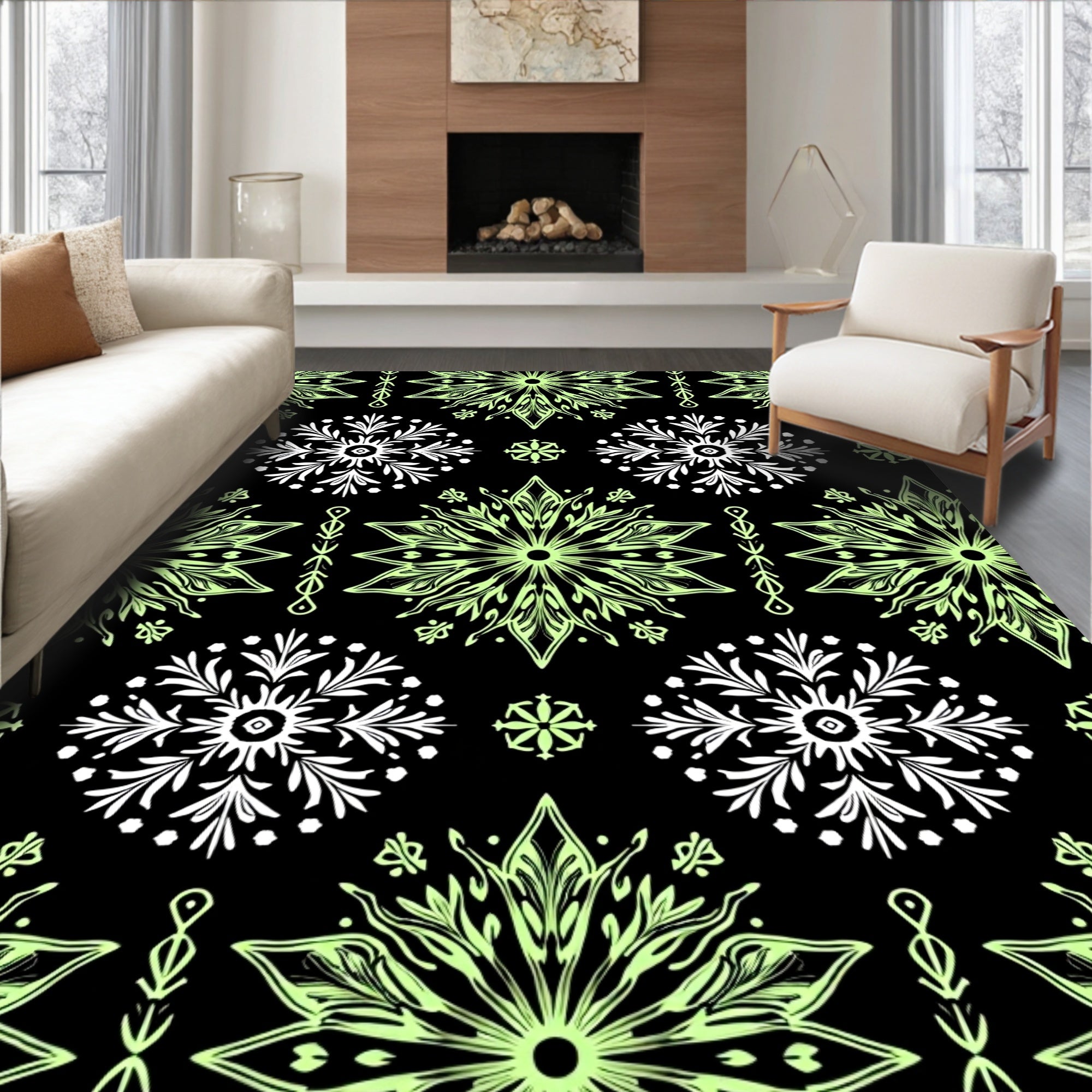 Pale Green White Floral Medallion Rug