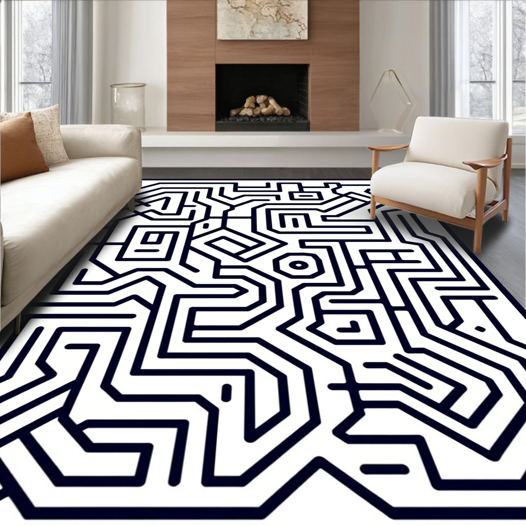 Dark Blue Geometric Maze Rug