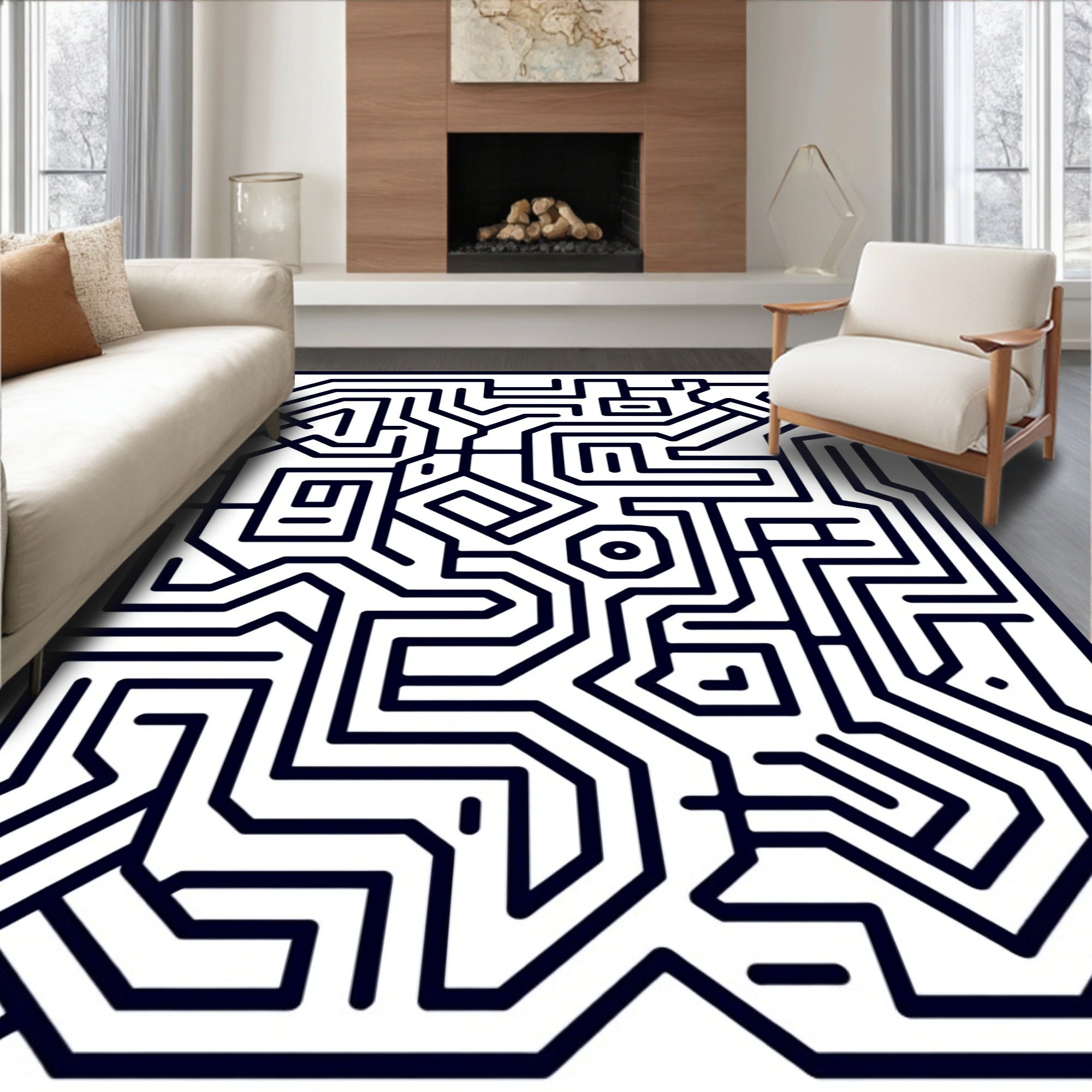 Dark Blue Geometric Maze Rug