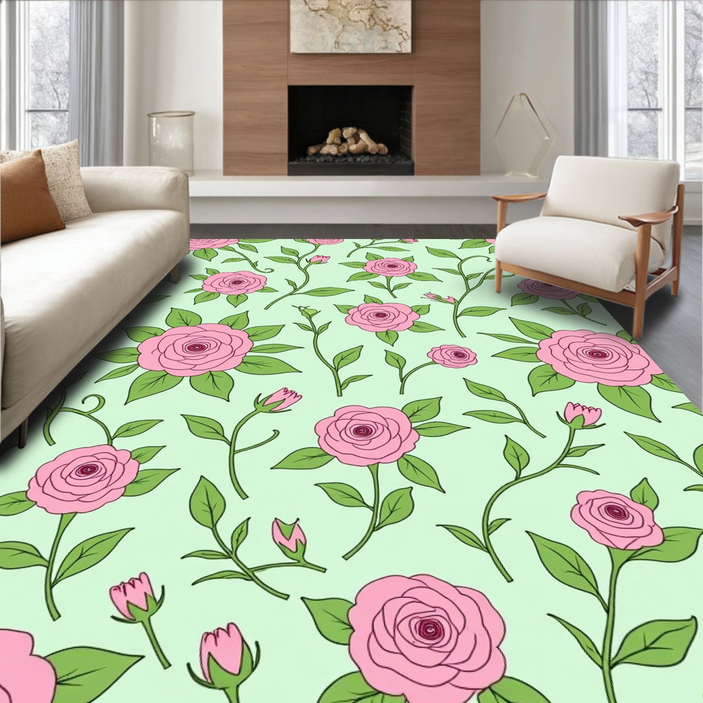 Pink Rose Garden With Green Leaves Rug
