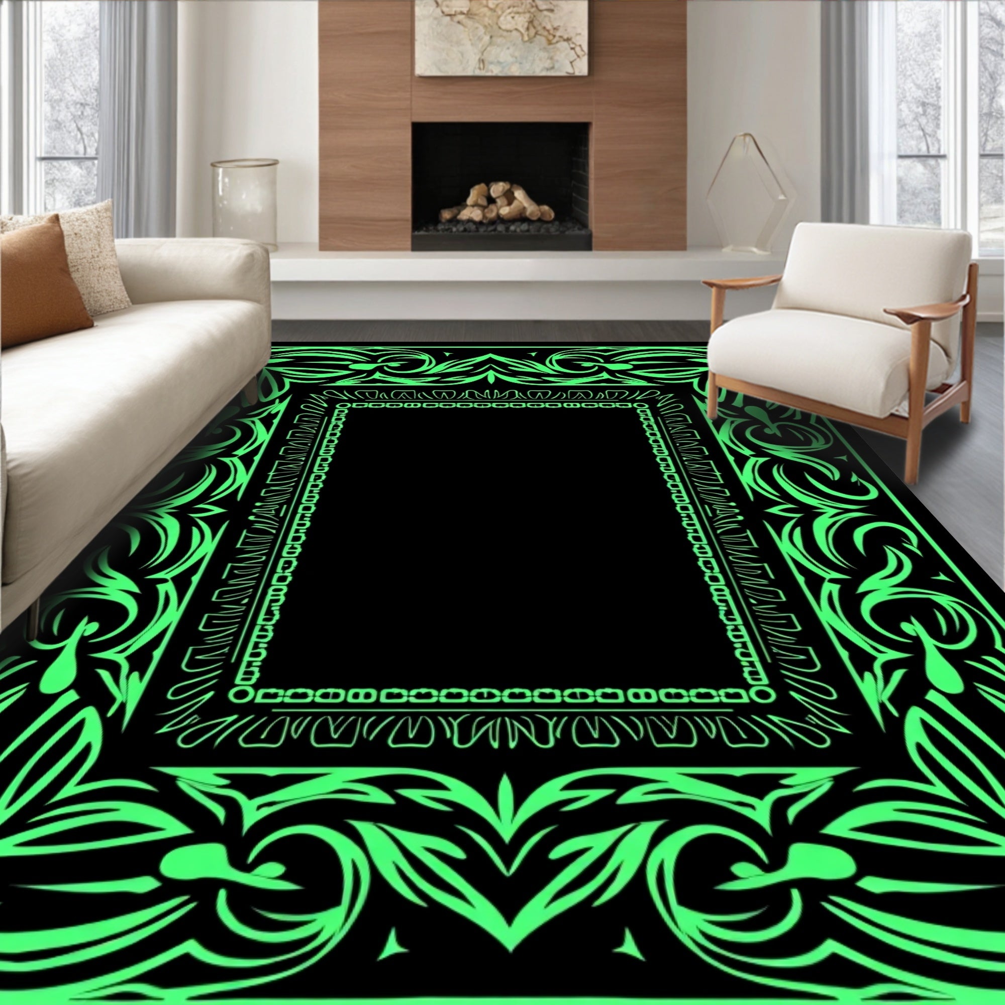 Vibrant Neon Green Ornate Border Rug