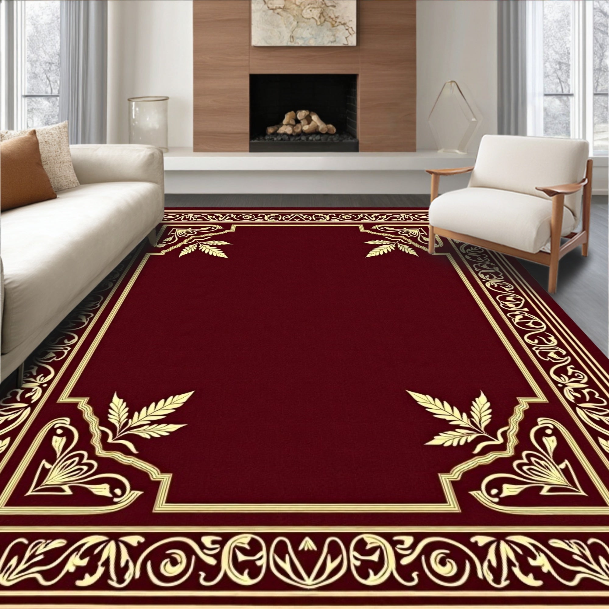 Ornate Crimson Gold Leaf Border Rug