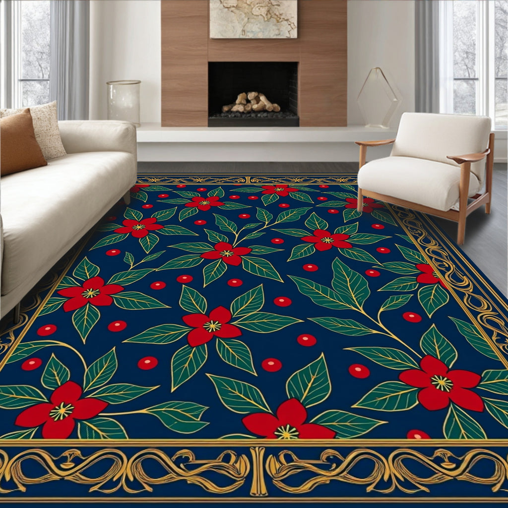 Red Poinsettia Blue Floral Border Rug