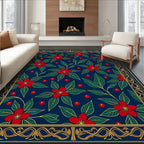 Red Poinsettia Blue Floral Border Rug