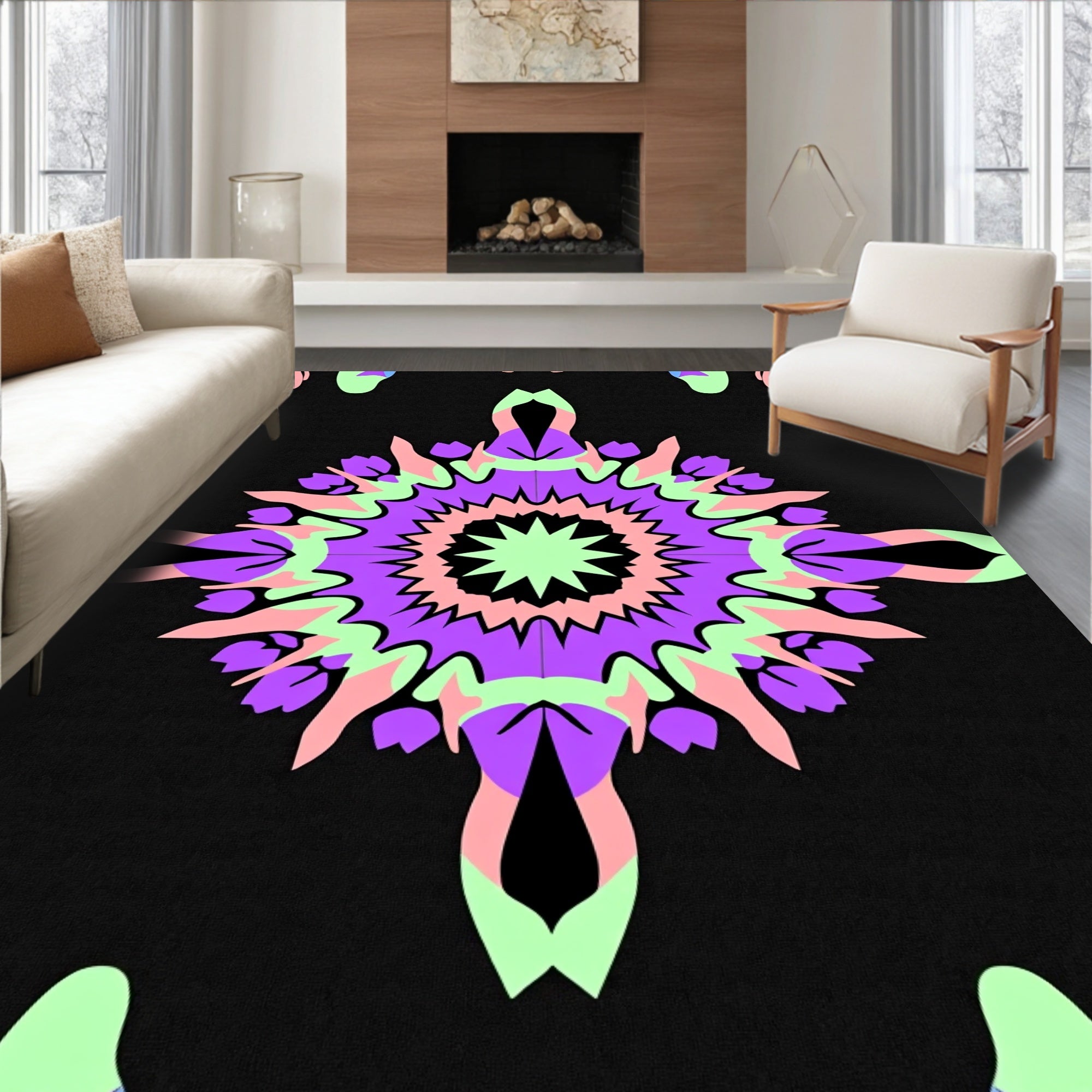 Pastel Mandala Starburst Black Rug