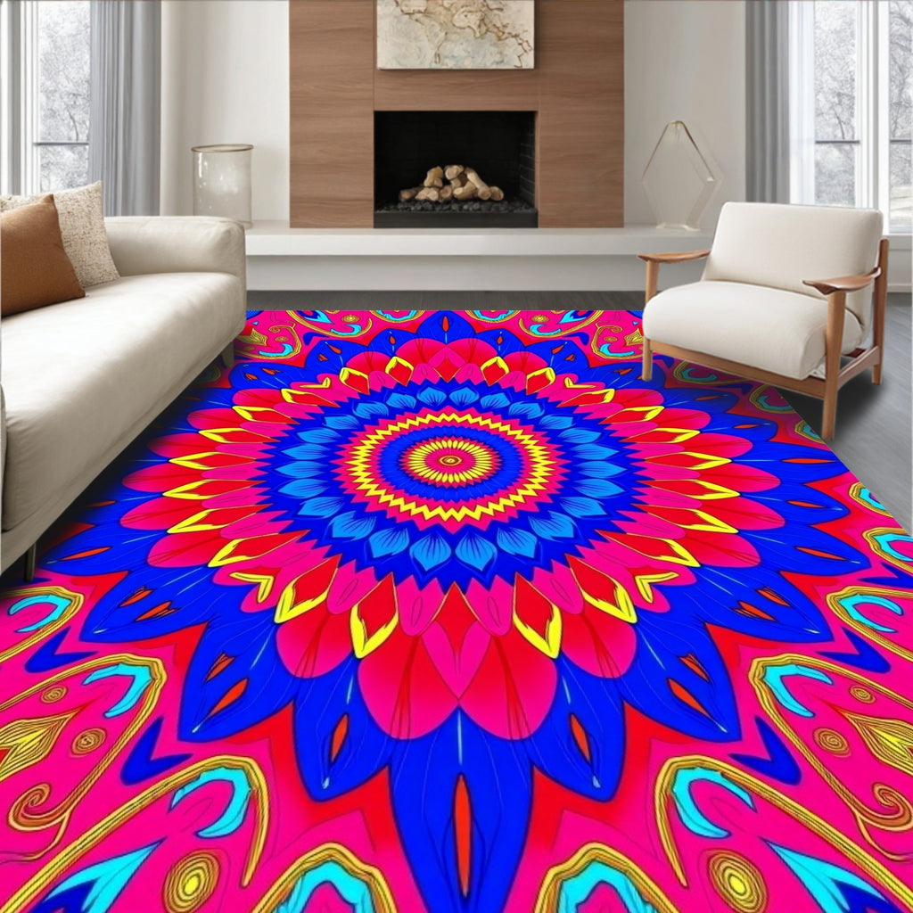 Vibrant Blue Pink Yellow Circular Mandala Rug