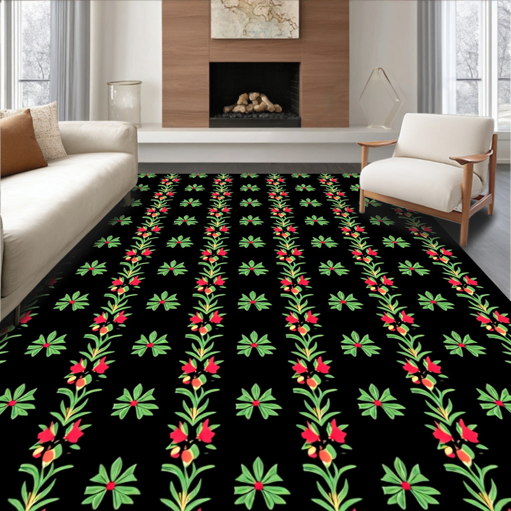 Crimson Vine Floral Starbursts Black Rug