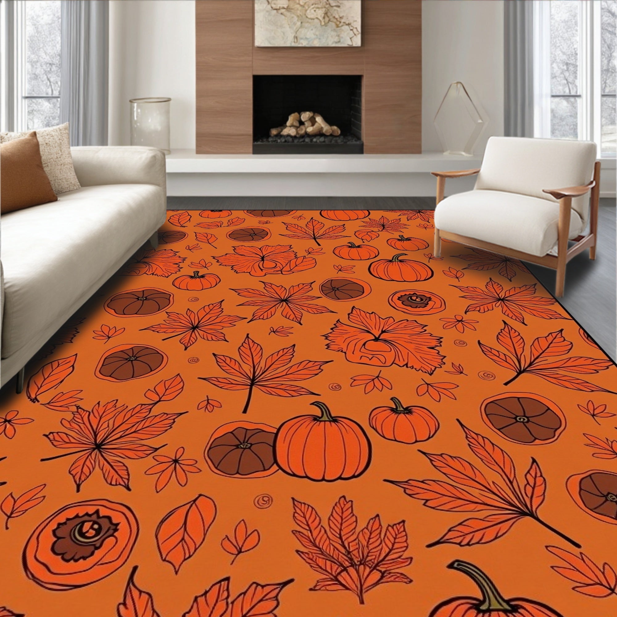 Autumn Orange Pumpkin Leaf Medley Rug