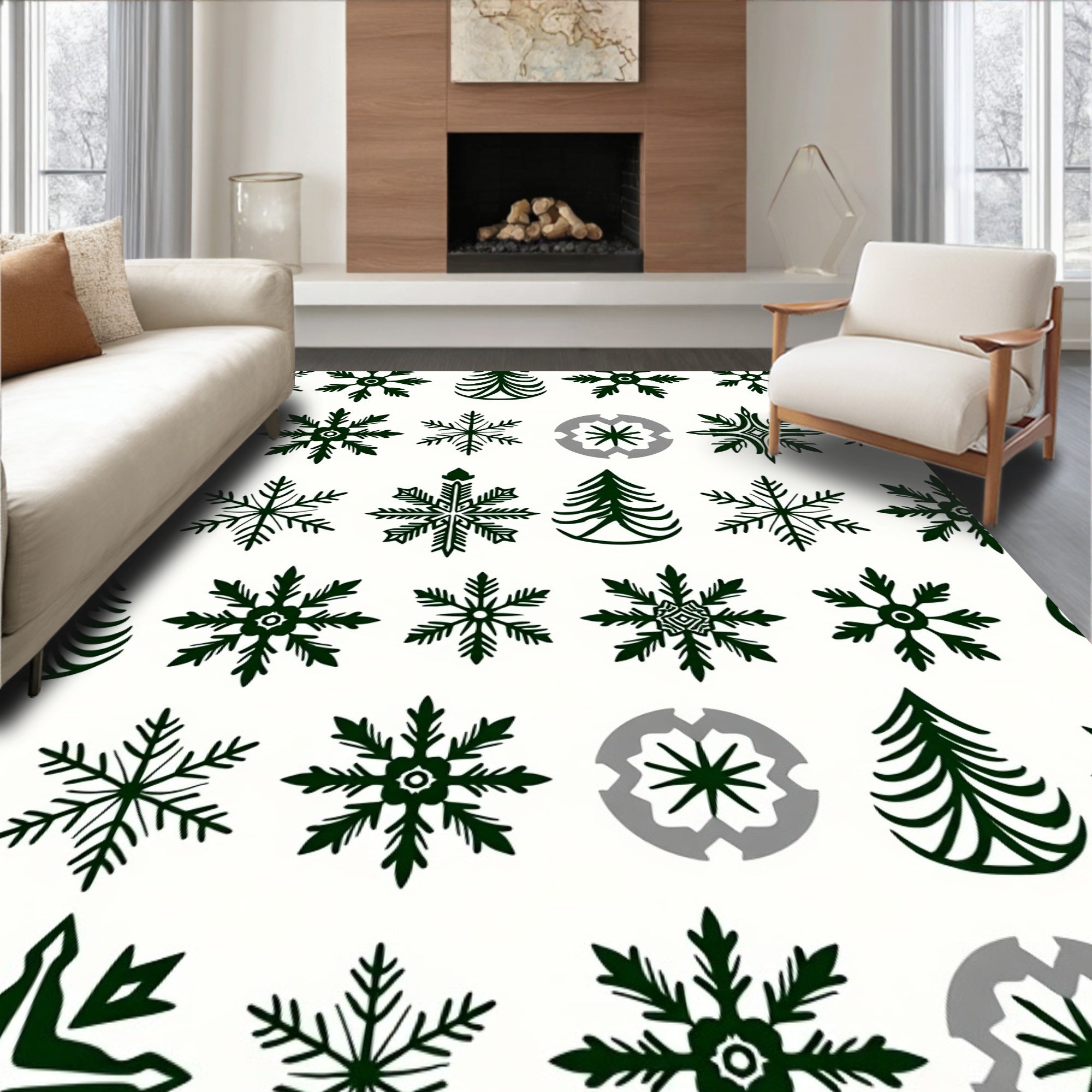 Dark Green Snowflake Christmas Tree Collection Rug