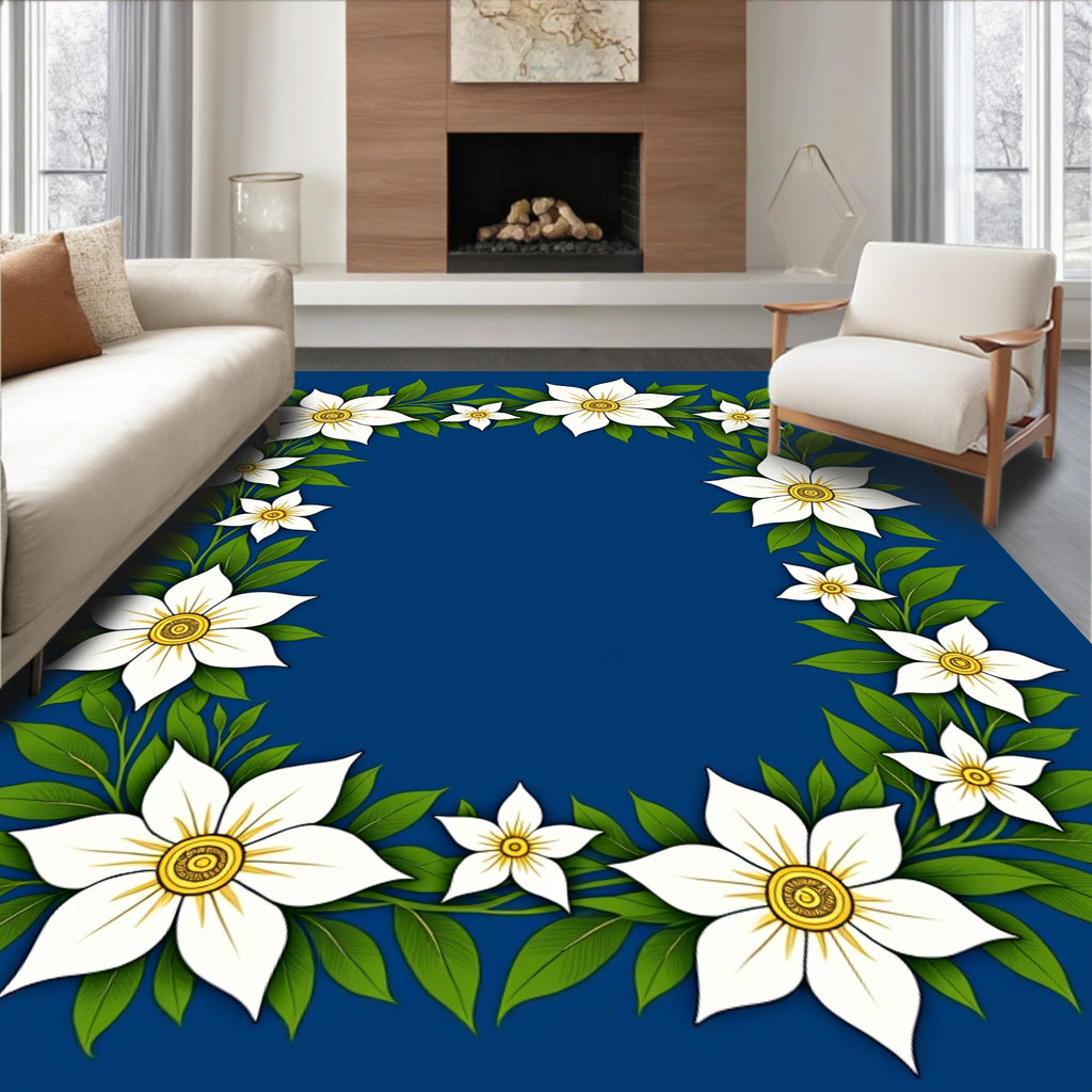 White Floral Border Blue Background Rug