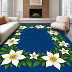 White Floral Border Blue Background Rug