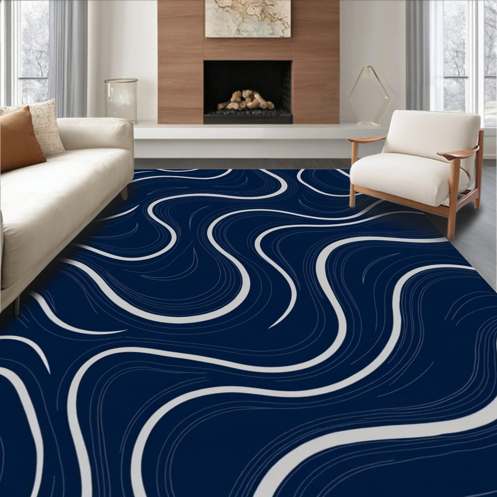 Deep Navy Swirling Lines Abstract Rug