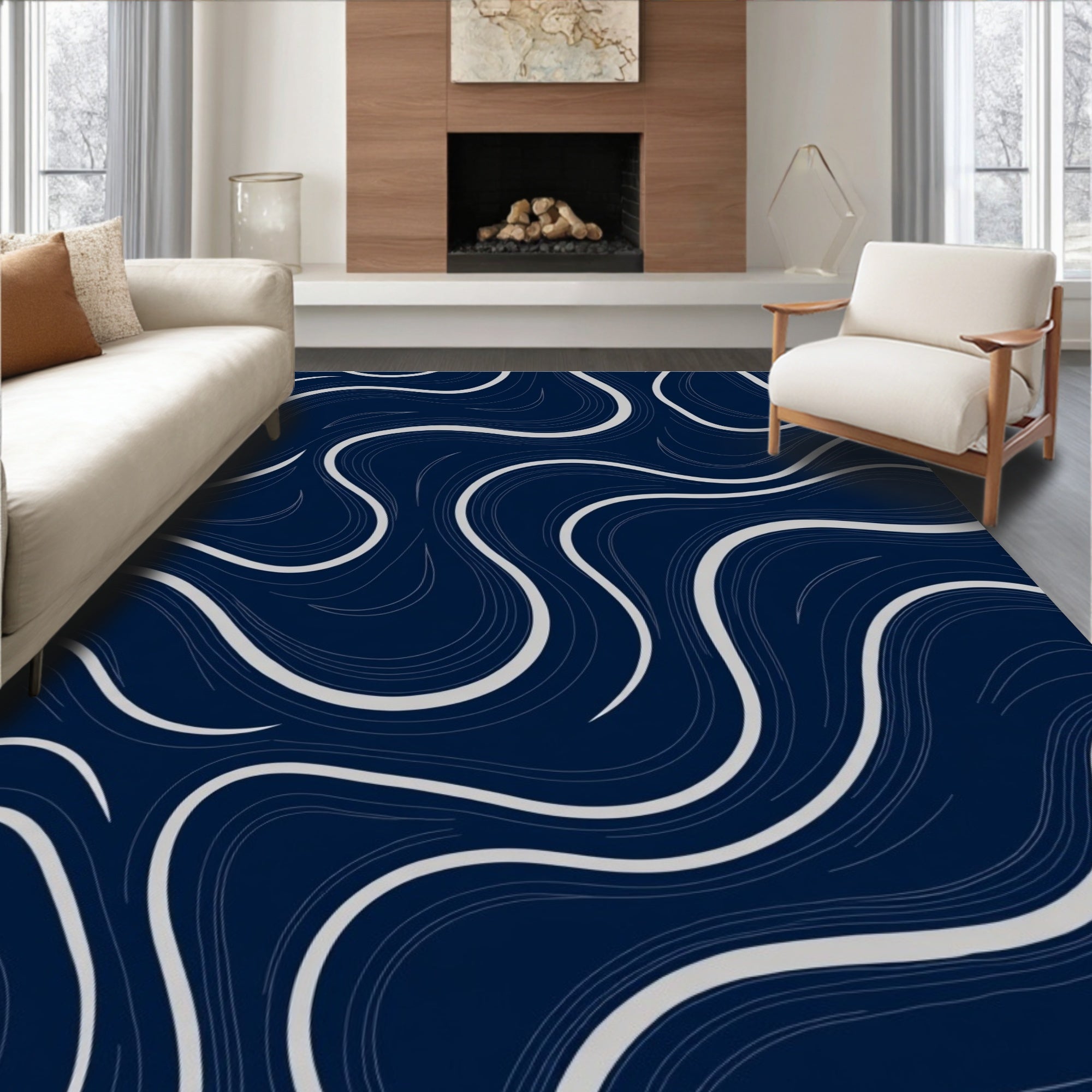 Deep Navy Swirling Lines Abstract Rug