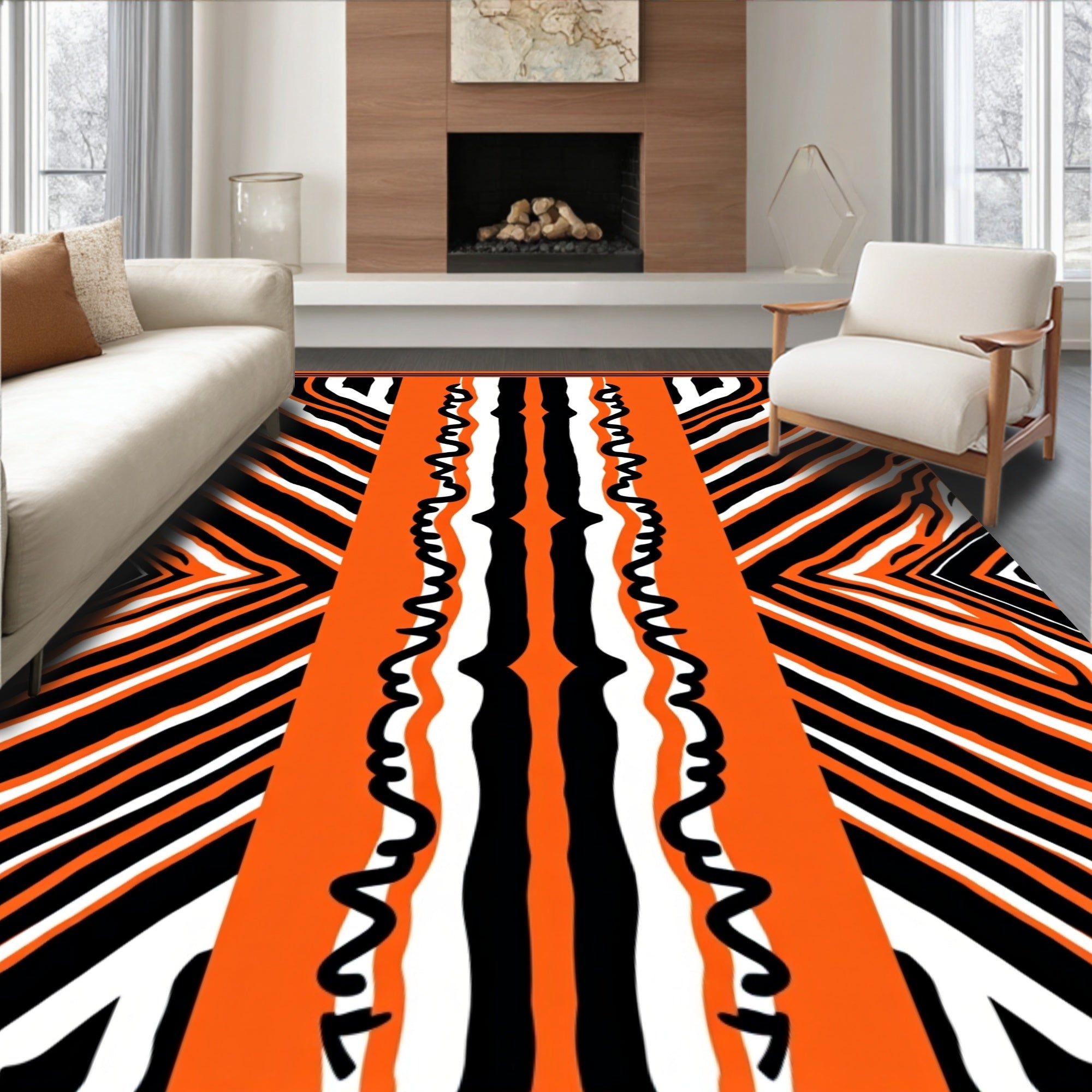 Bold Orange Black White Zebra Stripes Rug