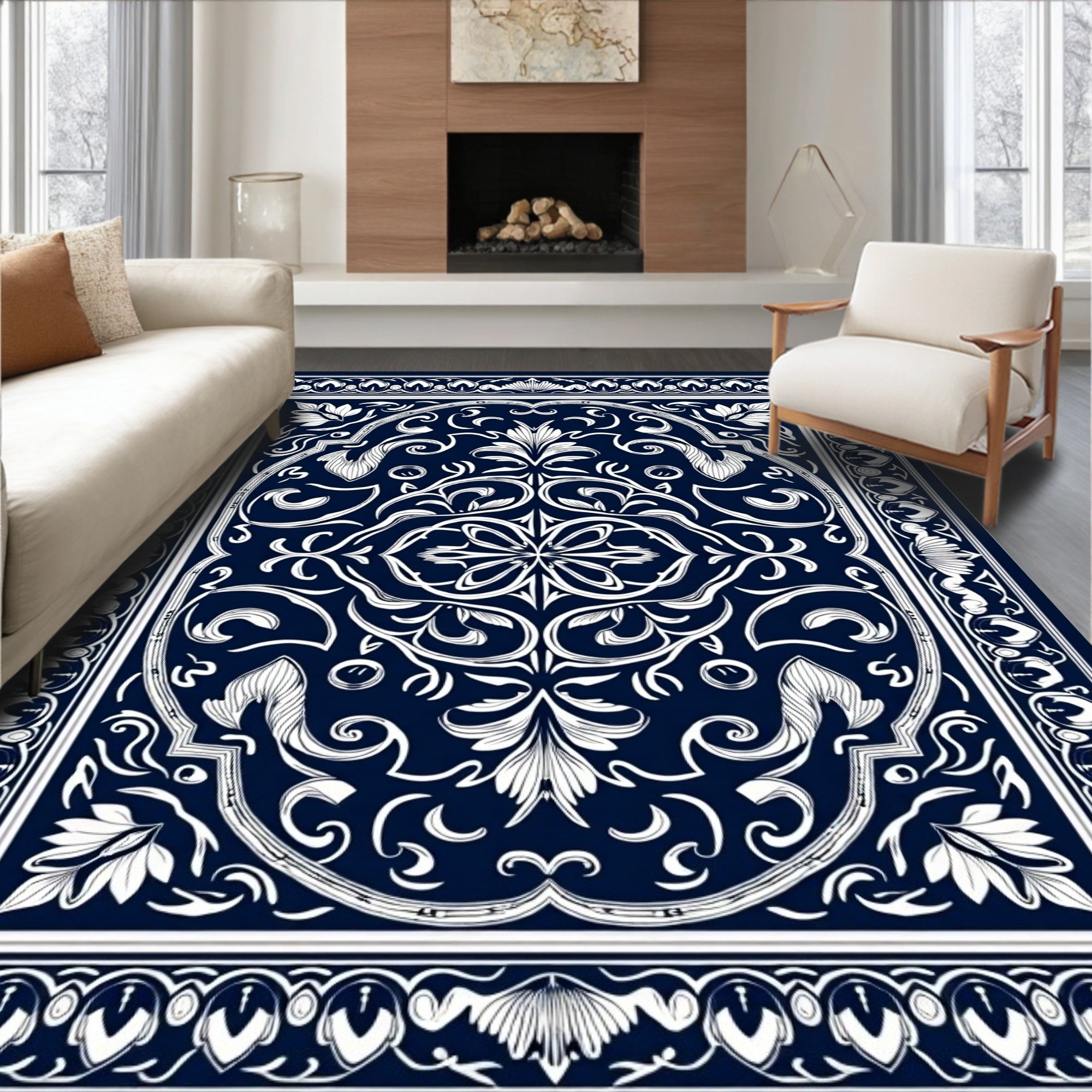 Deep Navy White Floral Scroll Border Rug