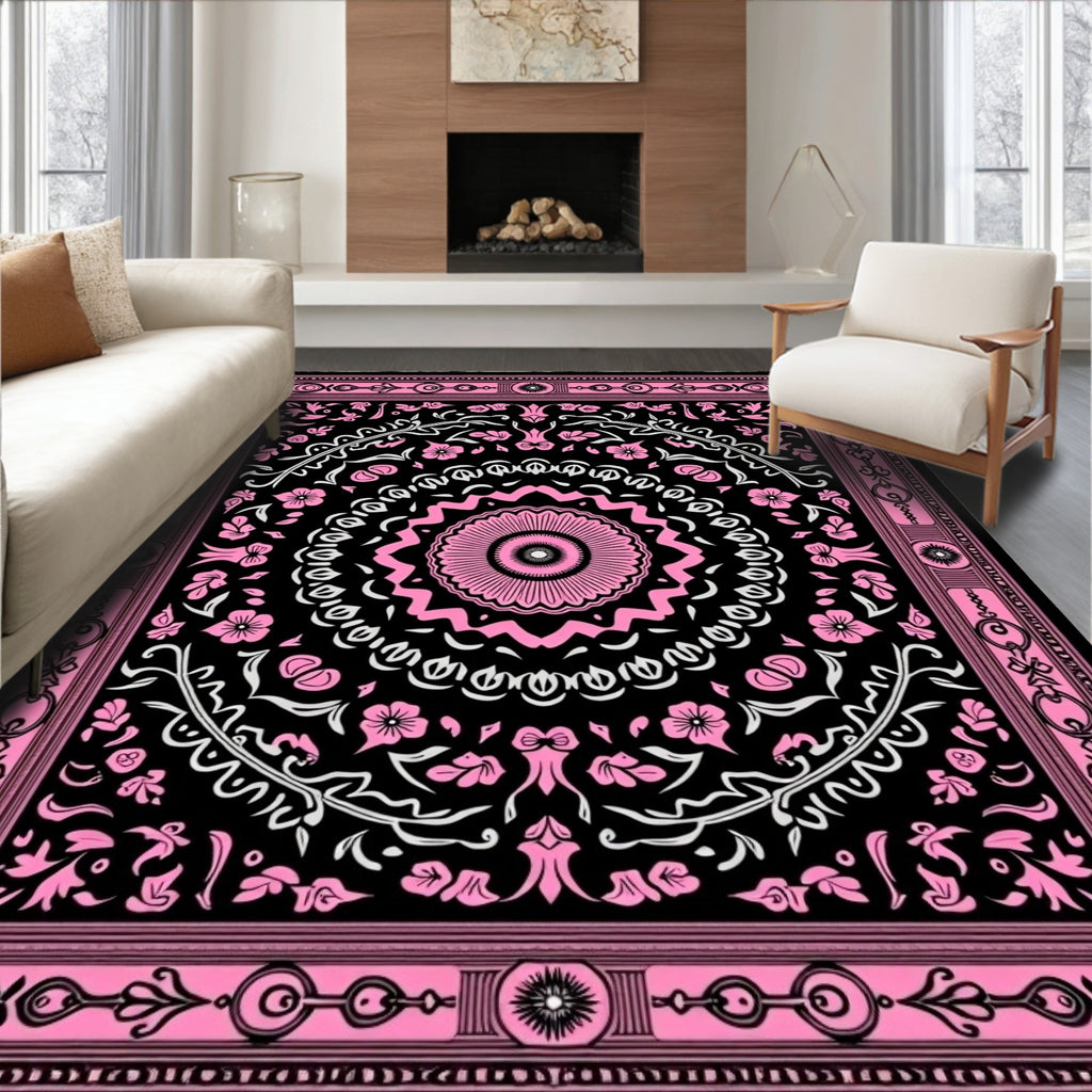 Pink Floral Medallion Black Tapestry Rug