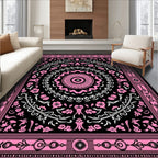 Pink Floral Medallion Black Tapestry Rug