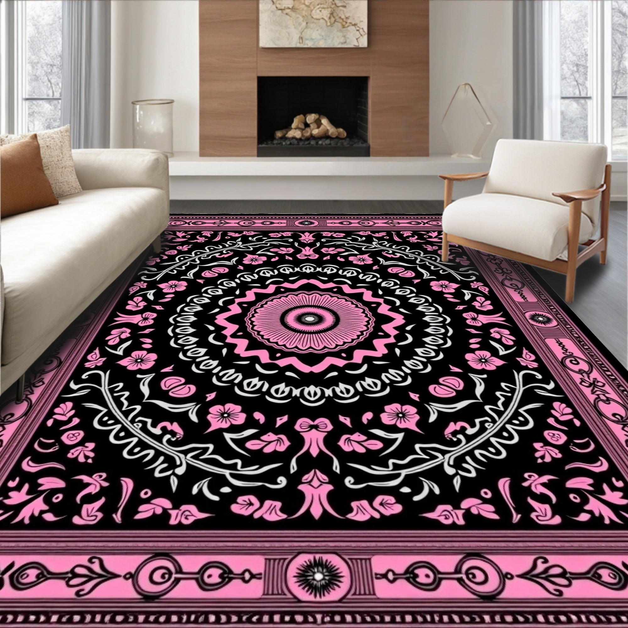 Pink Floral Medallion Black Tapestry Rug
