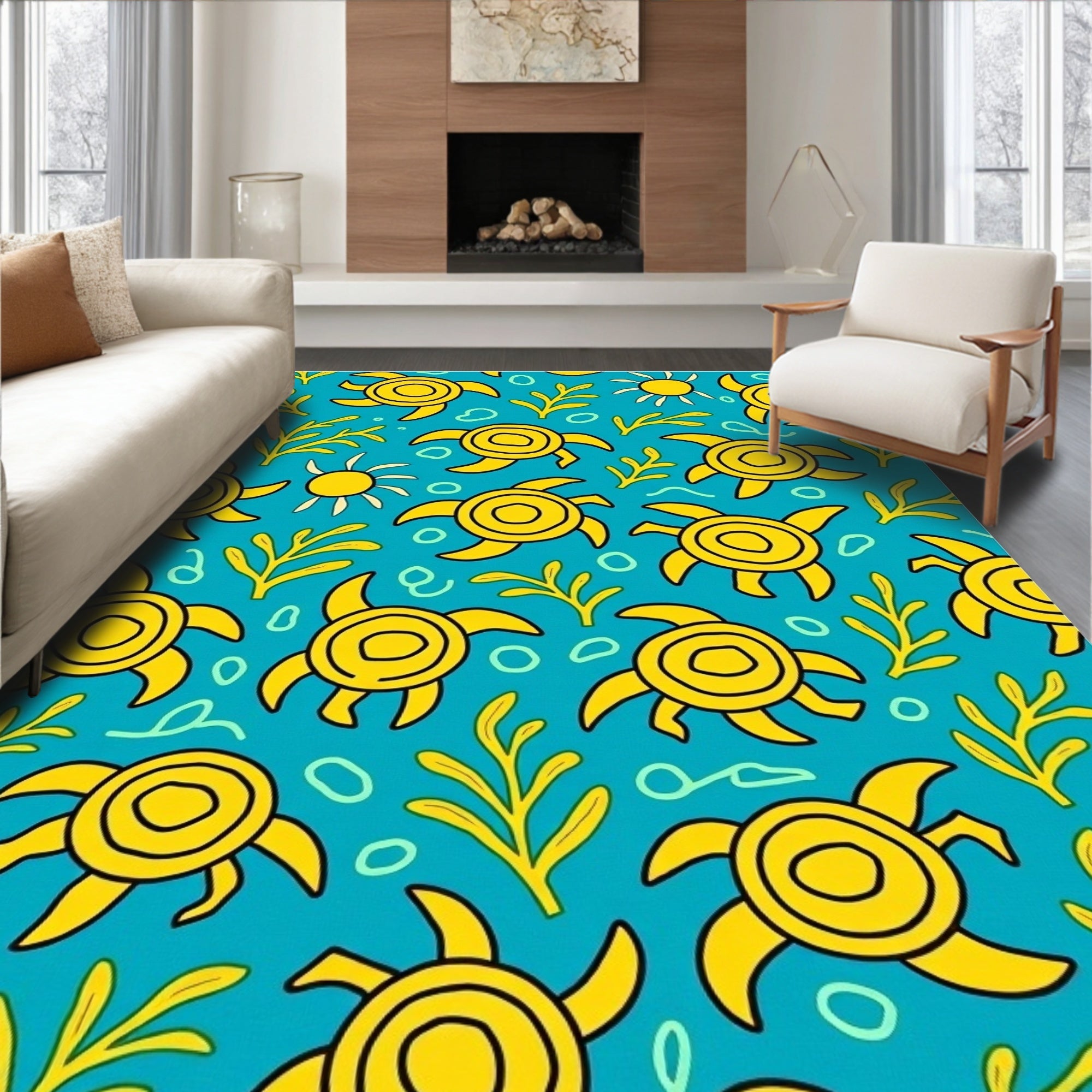 Yellow Turtle Sun Under Sea Rug