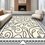 Cream Black Swirl Leaf Scroll Frame Rug