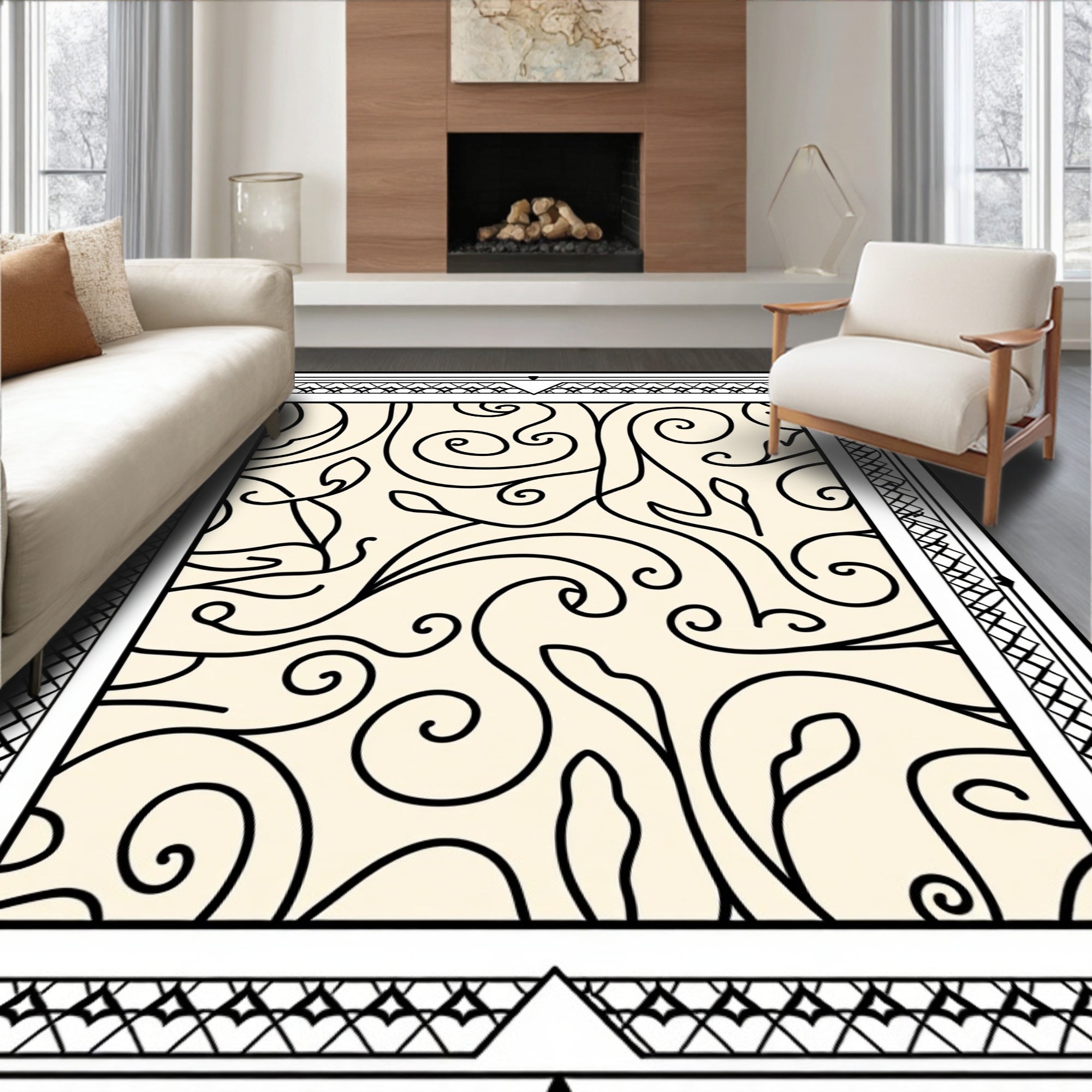 Cream Black Swirl Leaf Scroll Frame Rug