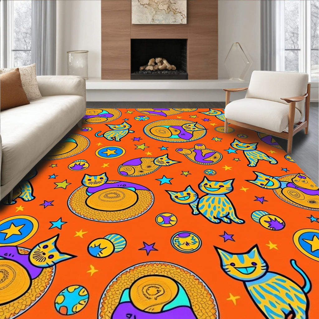 Whimsical Blue Yellow Cats Stars Rug