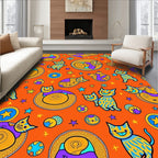 Whimsical Blue Yellow Cats Stars Rug