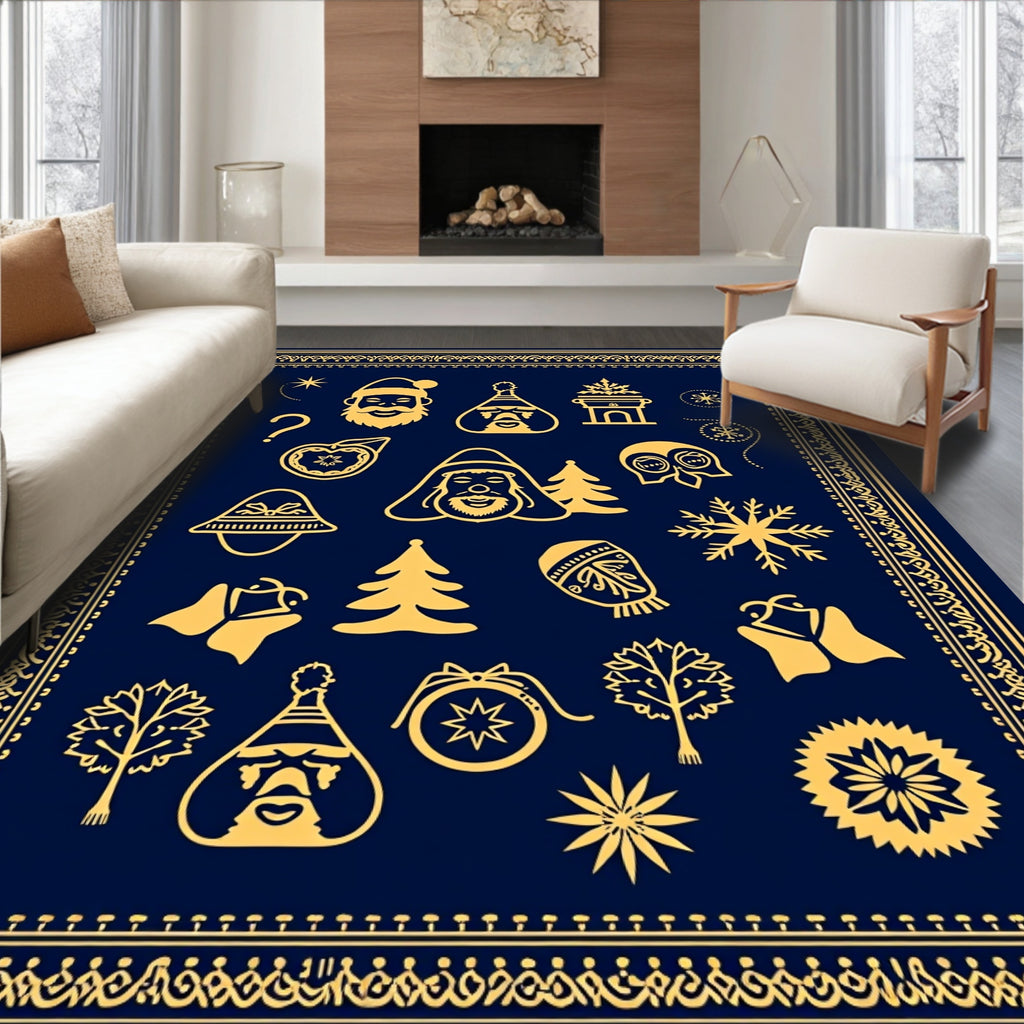 Golden Festive Icons Navy Celestial Frame Rug