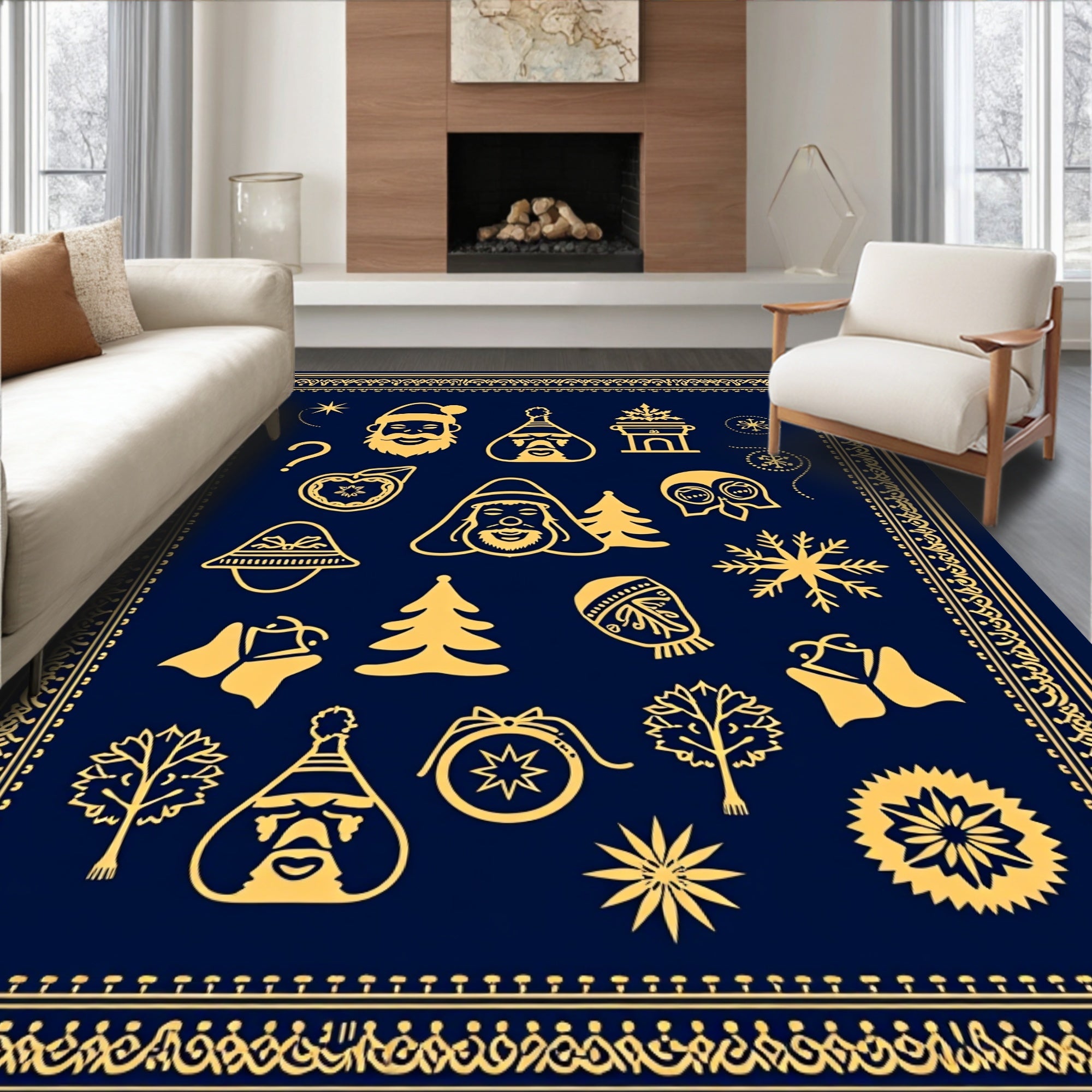 Golden Festive Icons Navy Celestial Frame Rug