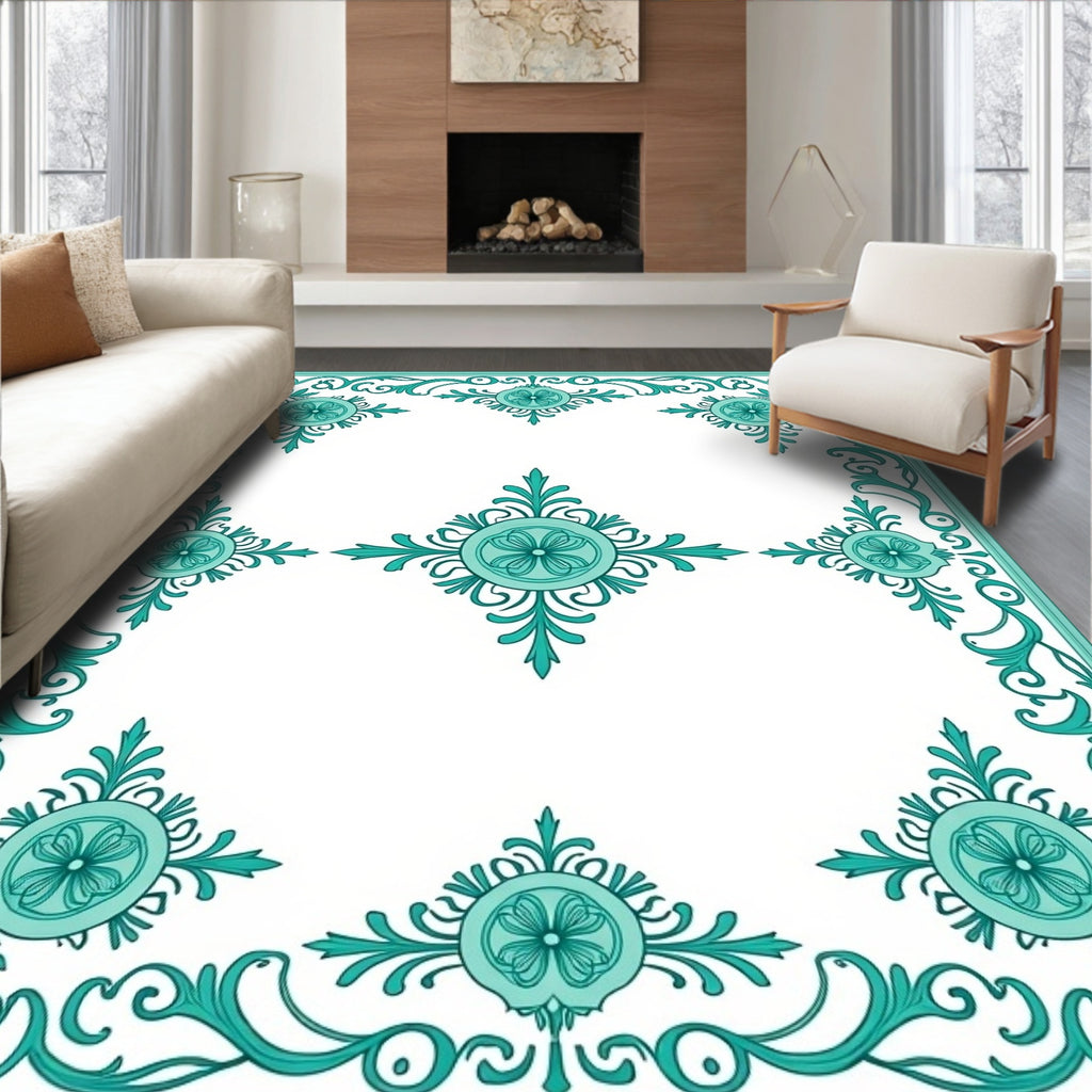 Turquoise Floral Medallion Border Rug