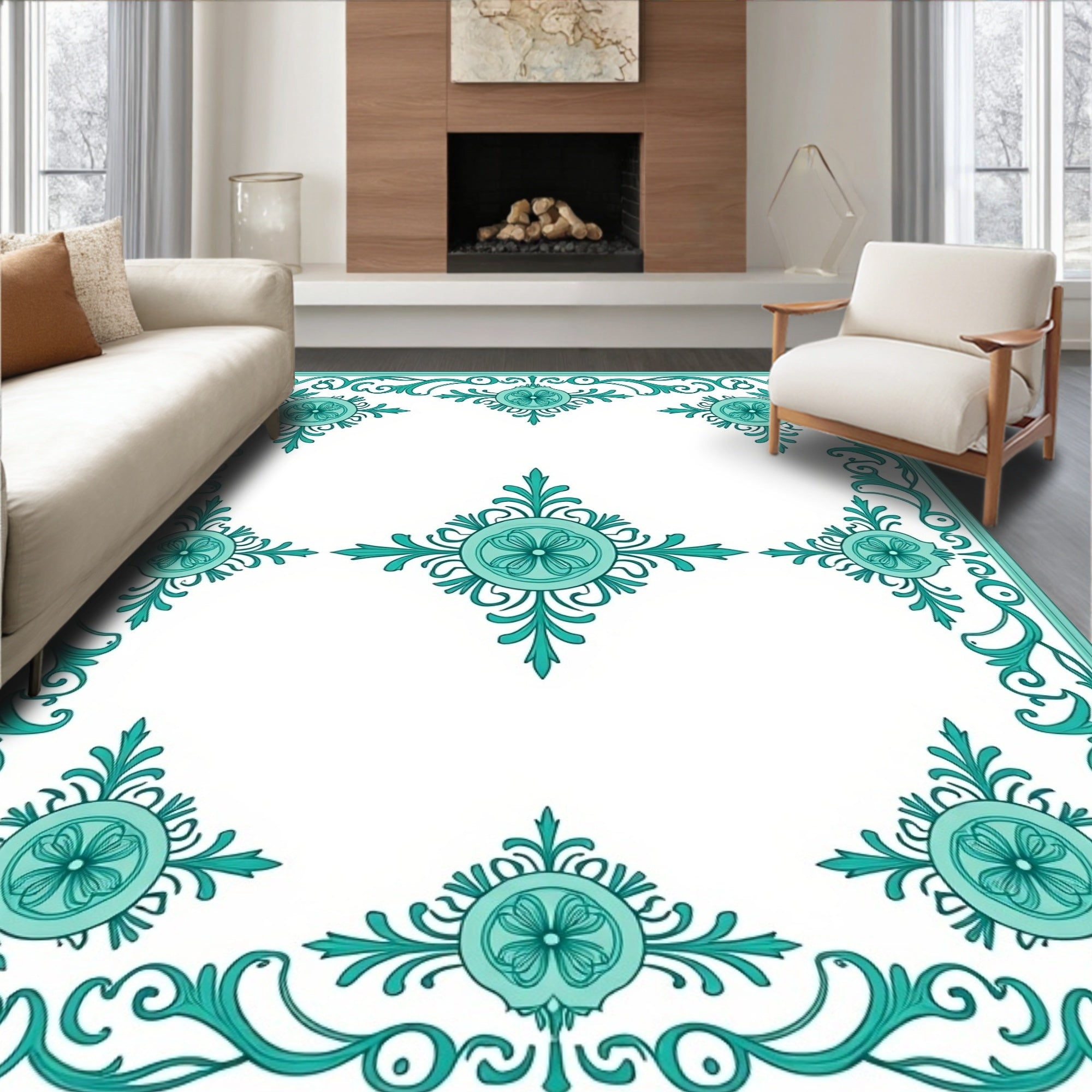 Turquoise Floral Medallion Border Rug
