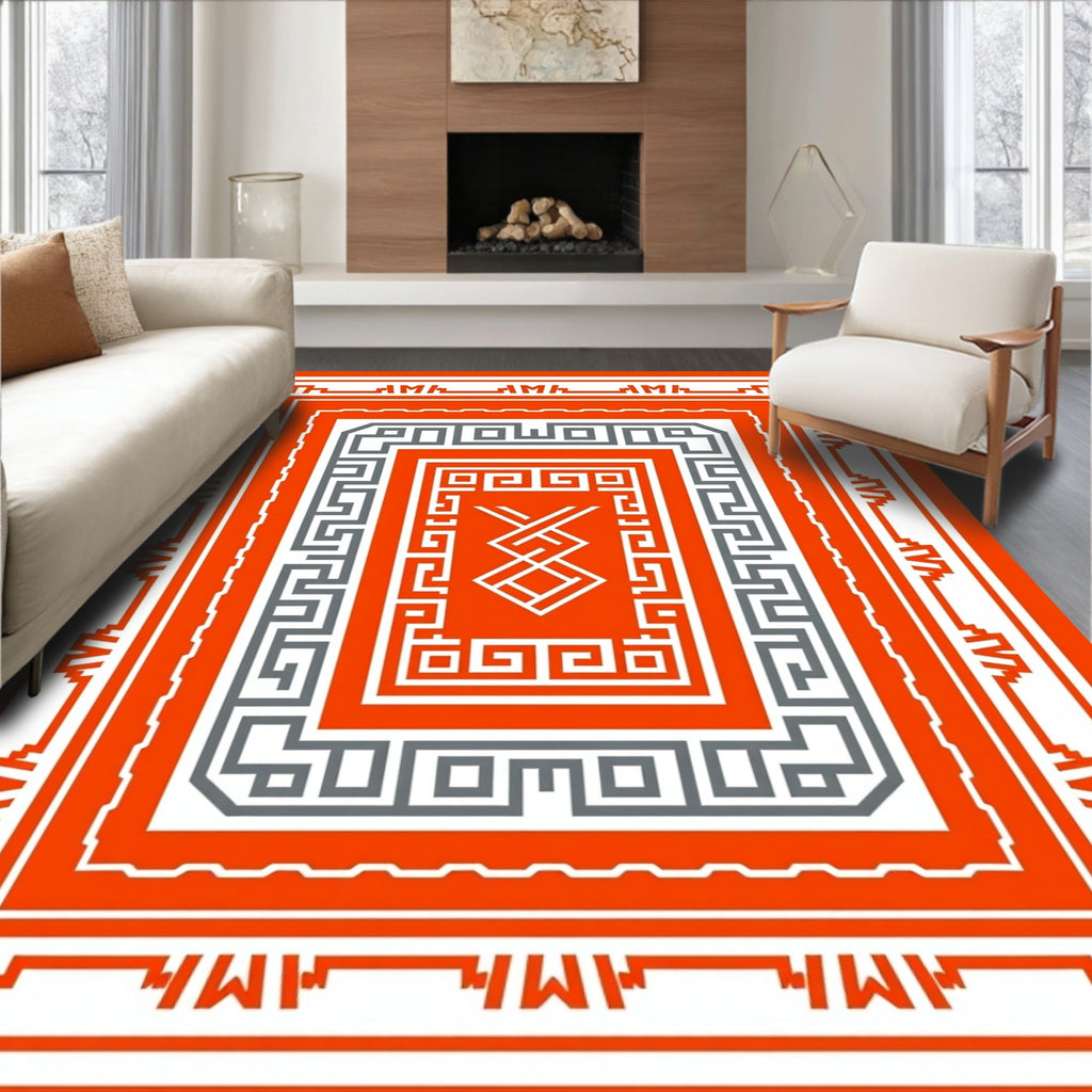 Bold Orange Gray Geometric Layered Rug