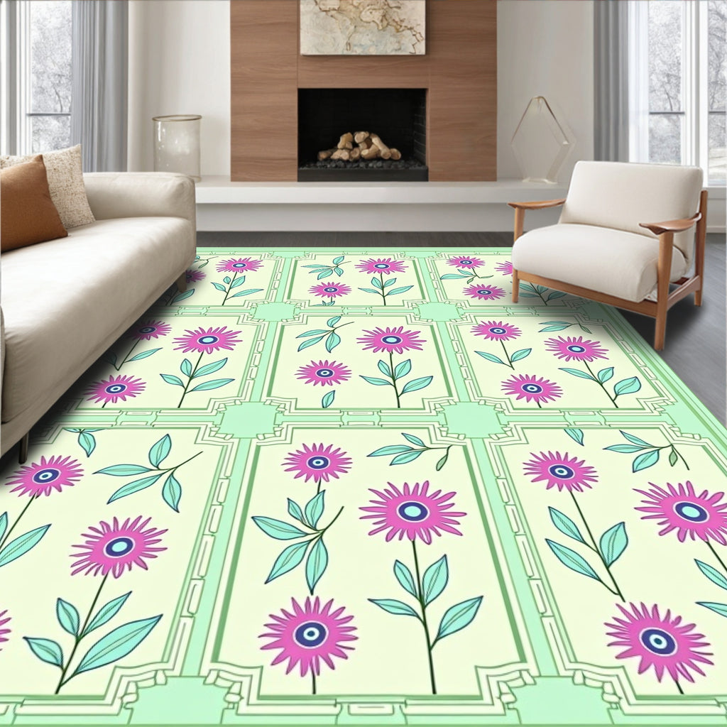 Pink Floral Frames Mint Green Rug