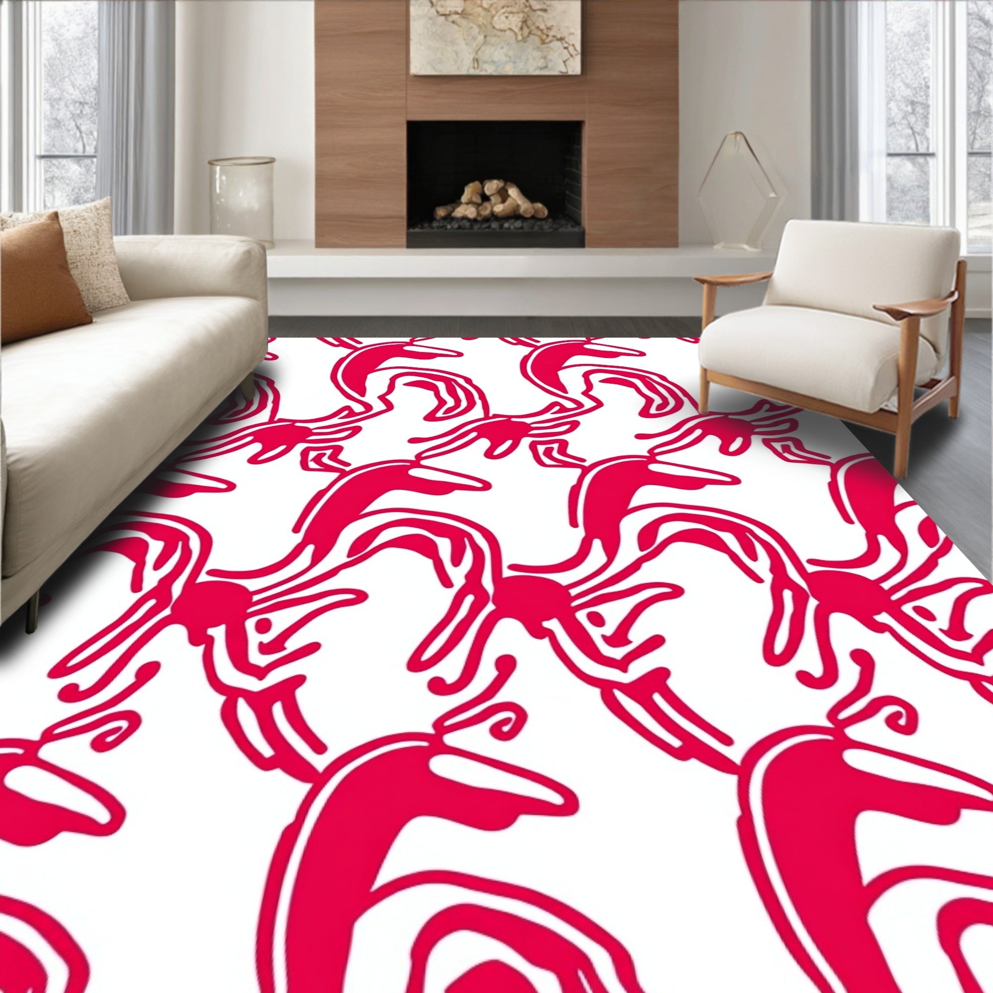 Bold Crimson Curving Abstract Rug